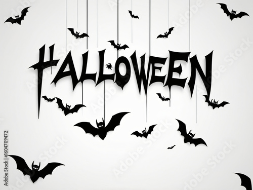 Spooky halloween decoration featuring hanging bats and bold gothic text on a white background