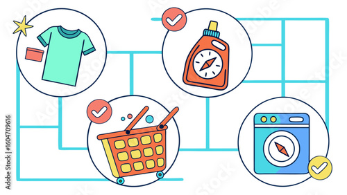 Illustration of laundry icons including a shirt, detergent, shopping cart and washing machine in circles