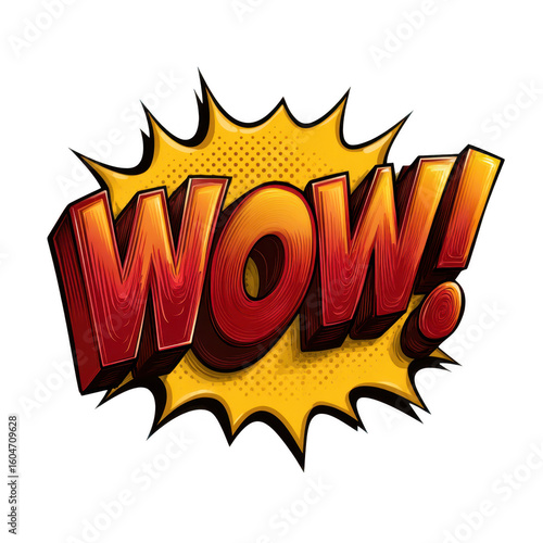 Bold red and yellow comic book style wow exclamation isolated on transparent background