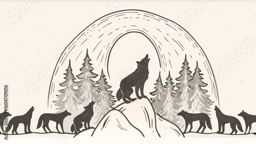 Illustration of a pack of wolves howling in a winter forest landscape under a stylized arch shape silhouette