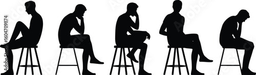 Silhouettes of people sitting on stools in various poses
