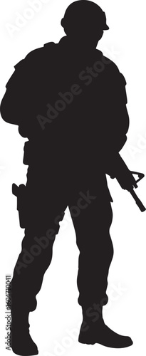Military soldier silhouette standing with a rifle, representing a disciplined army, combat readiness, and security forces prepared for defense and duty