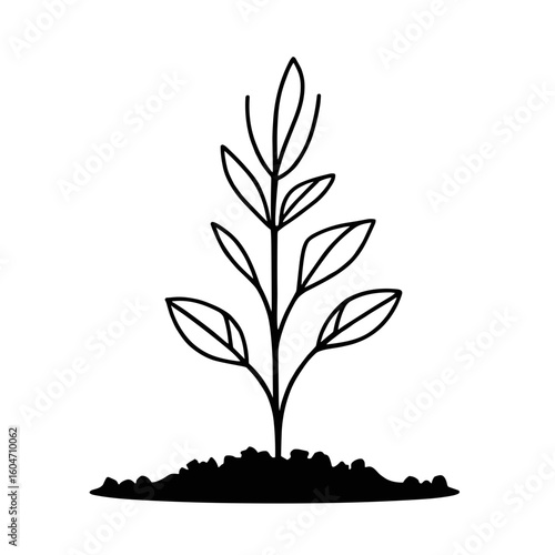 Sprout growing in soil — black and white illustration