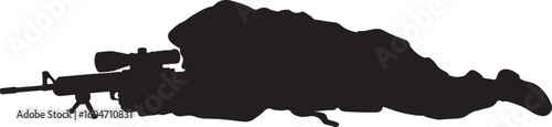 Military sniper in ghillie suit silhouette, aiming with precision rifle, representing tactical camouflage, stealth operations, and expert marksman skills for special forces
