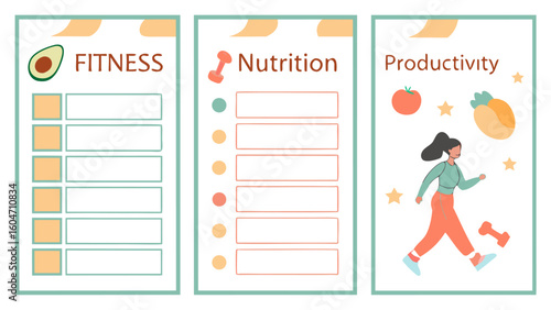 Illustrated fitness, nutrition, and productivity trackers with avocado, dumbbell, and walking woman