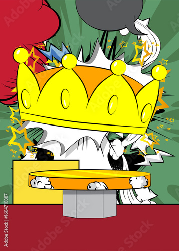 Comic Book Product podium stage for mock-up presentation with Crown. Retro comics background.