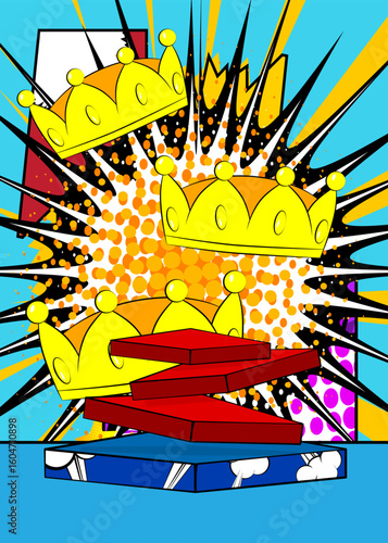 Comic Book Product podium stage for mock-up presentation with Crown. Retro comics background.
