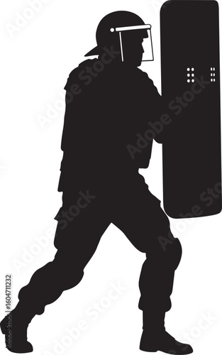 Riot police officer silhouette with protective shield and helmet, engaged in crowd control, symbolizing law enforcement, defense, and public order during protests