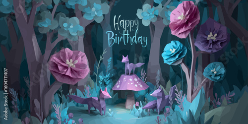  Magical forest birthday celebration with cute foxes, colorful mushrooms and fairy tale atmosphere. Perfect for children's party invitations, greeting cards and fantasy-themed designs