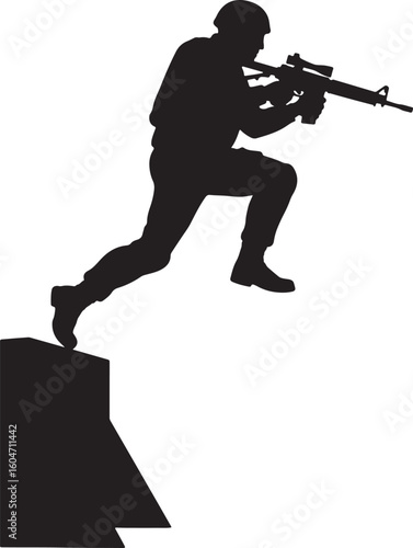 Military soldier silhouette in combat, leaping with rifle, representing dynamic action, rapid deployment, and tactical movement during wartime operations