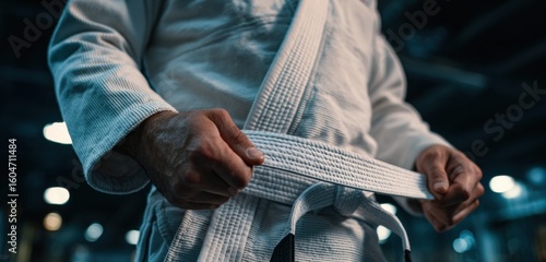 Young jiu-jitsu athlete tying their white belt