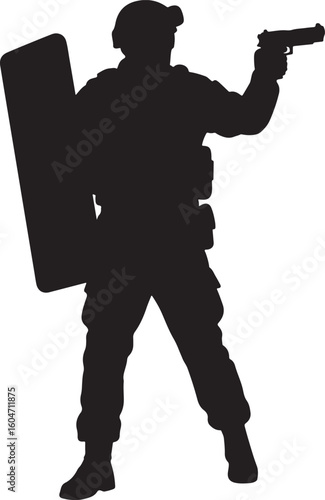 Police officer or special forces silhouette with tactical shield and pistol, representing security, protection, law enforcement, and critical incident response