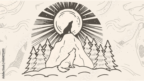 Illustration of wolves howling at the moon on a mountain surrounded by pine trees with sun rays backgroun silhouette