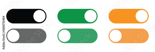 On and off toggle switch buttons in material design. A set of modern switch buttons for UI elements, apps, and websites. Clean and minimal vector illustration.