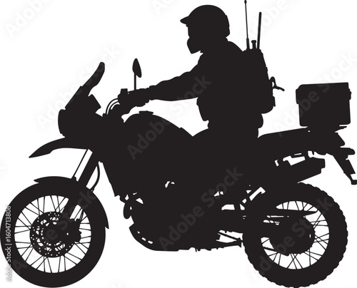 Dynamic silhouette of a military motorcycle with a disciplined rider, equipped with a helmet and tactical gear, ideal for showcasing armed forces, special operations, and defense readiness themes