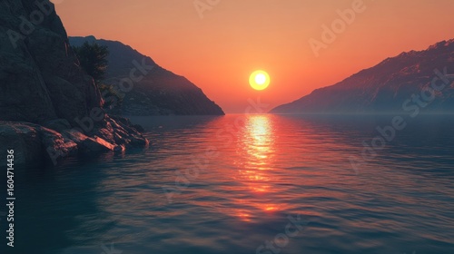 Vivid sunset over a serene bay