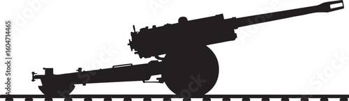 Classic black silhouette of a powerful field artillery cannon, perfect for military history illustrations, war-themed designs, or defense graphics, symbolizing conflict and weaponry
