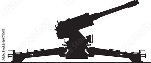 Powerful artillery cannon silhouette in a bold black vector illustration, ideal for military, warfare, or historical designs, showcasing a heavy weapon system ready for action