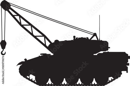 Military recovery tank silhouette with crane boom extended for battlefield support and heavy-duty towing operations, representing powerful armed forces and defense vehicle illustration
