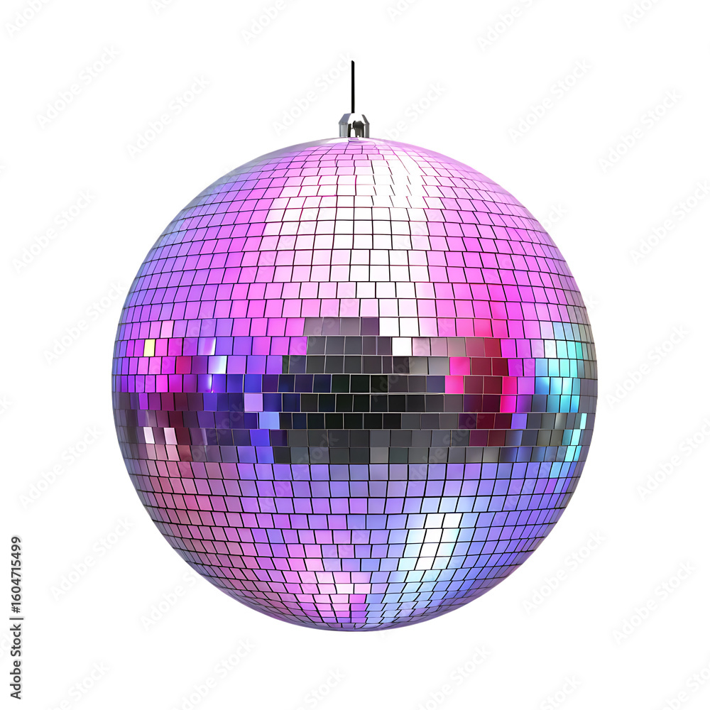 Fototapeta premium Mirrored disco ball reflecting purple and blue lights isolated on a transparent background