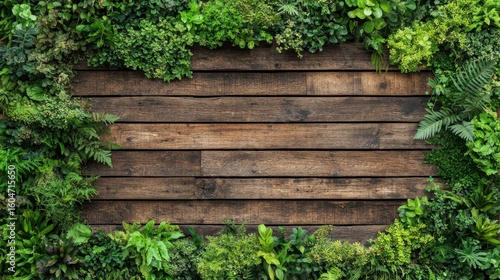 Dense lush green plants growing on a rustic weathered wooden background with copy space