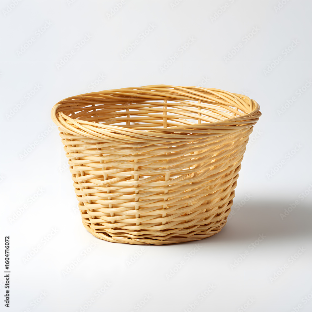 Obraz premium Empty bamboo wicker basket on white background. Minimalistic and rustic design perfect for eco-lifestyle or storage visuals. Isolated product mockup.