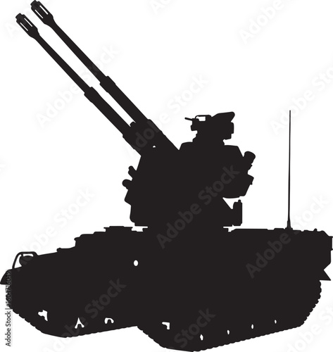 Intense black silhouette of a powerful self-propelled anti-aircraft artillery system, perfect for military, defense, and war-related designs, conveying readiness and robust protection