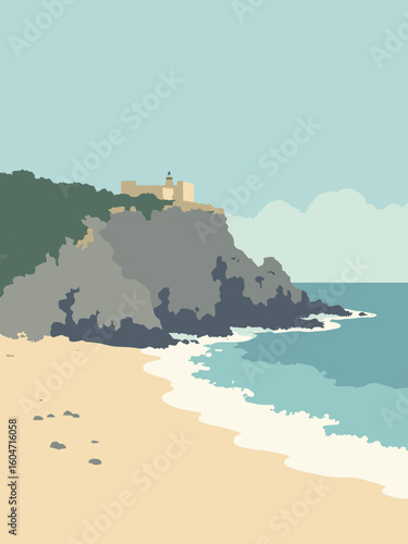 Biarritz, France – Rocher de la Vierge, Grand Plage in rock gray, sea blue, sand beige, and surf white