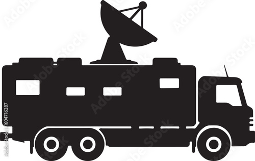 Satellite communication truck silhouette in a stark black vector illustration, ideal for broadcasting, news, or technology-themed designs, showcasing mobile connectivity and media transmission