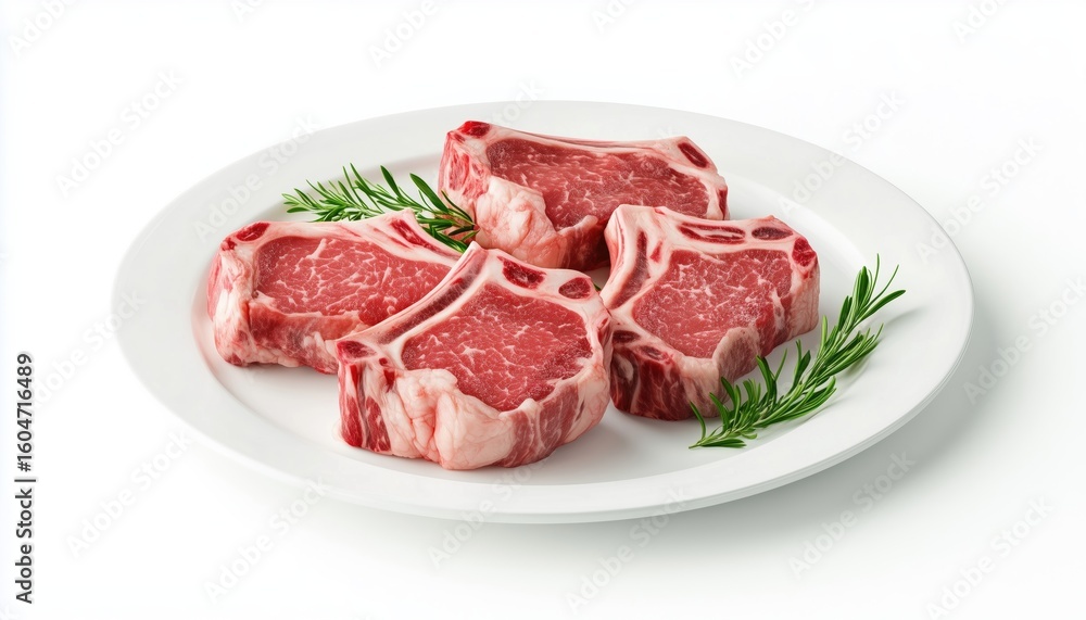 Tender Raw Lamb Chops Served On A White Plate, Ready To Be Grilled To Perfection For A Delicious Meal At Home. Tender Raw Lamb Chops Served On A White Plate, Ready To Be Grilled To Perfection For A Delicious Meal At Home.