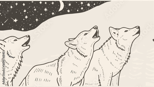 Illustration of howling wolves under a starry night sky and crescent moon in a monochrome style image silhouette