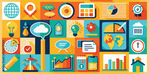 A poster displaying various types of electronic devices, including smartphones, tablets, and laptops, arranged artistically..eps