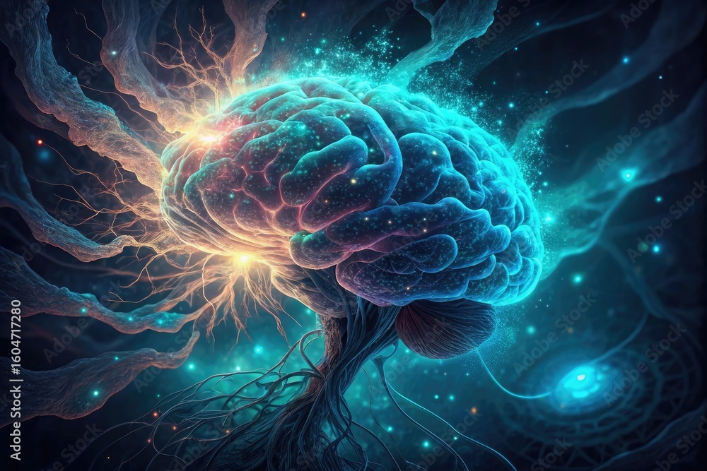 Obraz premium Vibrant blue fractal patterns swirl with the electric energy of the human mind, creating a glowing, psychedelic backdrop of light and motion