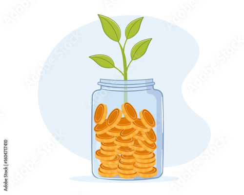 Saving money into glass jar with green leaves income growth vector illustration
