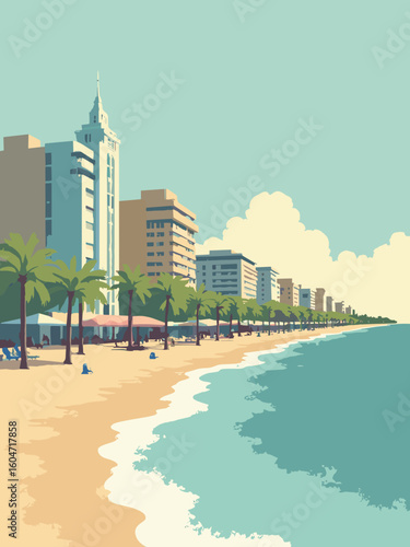 Durban, South Africa – Golden Mile beachfront, art deco facades in sand gold, facade mint, surf blue, and palm green