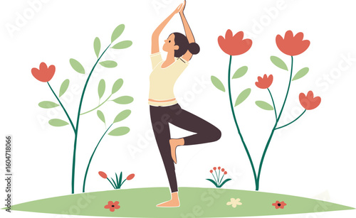 Serene Woman Practicing Yoga Tree Pose in a Vibrant Spring Garden; Calming, Peaceful Illustration