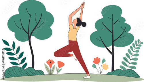 Serene Woman Practicing Yoga Outdoors: Minimalist Vector Illustration of Wellness and Nature