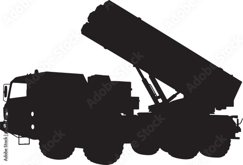 Black military rocket launcher truck silhouette, a powerful weapon system for defense, war, and army themes, ideal for tactical and combat-related designs