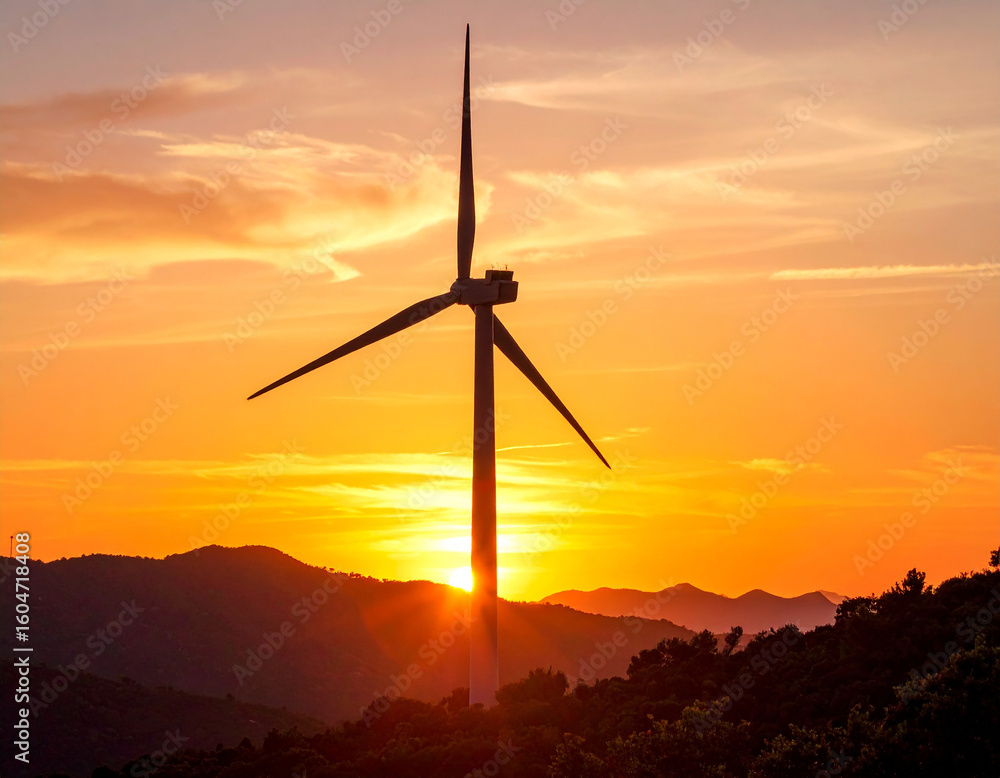 Obraz premium Windmill at Sunset: Silhouette of Wind Turbine Against Orange Sky During Golden Hour, Capturing Renewable Energy, Rural Landscape, and Scenic Evening Atmosphere for Nature and Environment Themes