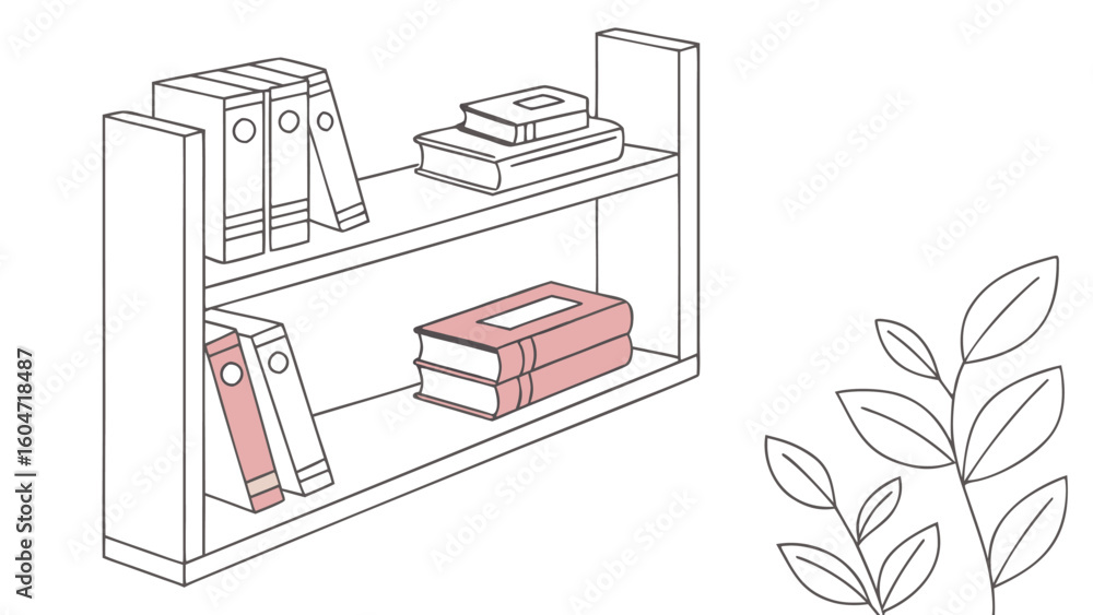 Fototapeta premium Illustration of a bookshelf with books on two shelves and a plant with leaves on the right side of the image