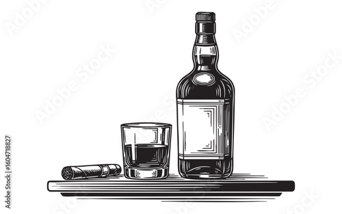 whiskey glass, cigar, and whiskey bottle on top table engraving vector illustration