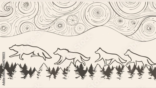 Illustration of a pack of wolves running through a forest under a swirling patterned sky landscape art silhouette