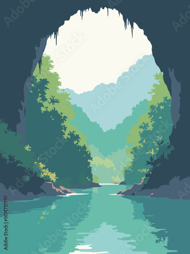 Puerto Princesa (Palawan), PH – Underground River entrance, jungle in river green, cave gray, foliage emerald, and sky white
