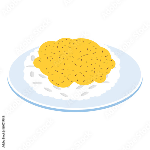Kadhi Chawal isometric Concept, curd curry with rice vector design, Oriental cuisine symbol, Top dishes recipes Sign, Food exploration illustration 