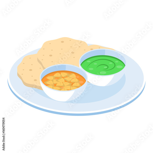 Halwa Puri Chanay isometric Concept, Eid day special meal vector design, Oriental cuisine symbol, Top dishes recipes Sign, Food exploration illustration 