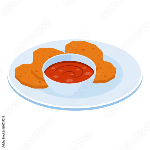 Grilled Patties with Sauce or  Aloo Tikki isometric Concept,  breaded cutlet or  croquettes and Dip vector design, Oriental cuisine symbol, Top dishes recipes Sign, Food exploration illustration 