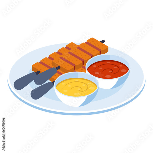 Fri Doner kebab with two types sauces isometric Concept, Yatik vector design, Oriental cuisine symbol, Top dishes recipes Sign, Food exploration illustration 