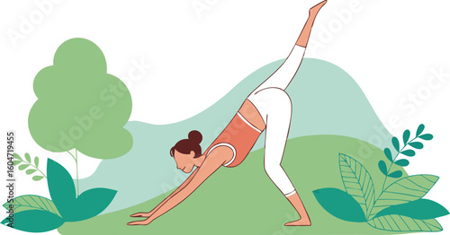 Serene Woman Practicing Yoga Outdoors:  Peaceful Nature Illustration,  Calming Minimalist Style
