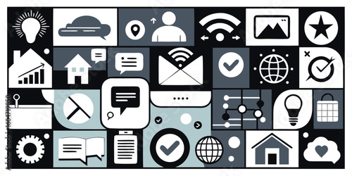 A comprehensive set of black and white symbols, illustrating a variety of shapes and patterns in a cohesive layout..eps