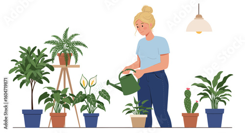 Blonde woman watering indoor plants including a peace lily and a flowering cactus.